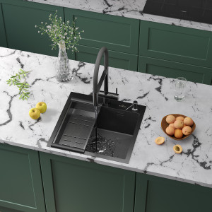 Кухонная мойка Roxen Snake 50 PVD графит (текстурное покрытие) 50х48 см с коландером и дозатором