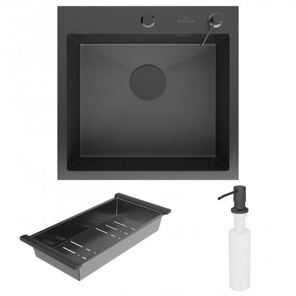 Кухонная мойка Roxen Snake 50 PVD графит (текстурное покрытие) 50х48 см с коландером и дозатором