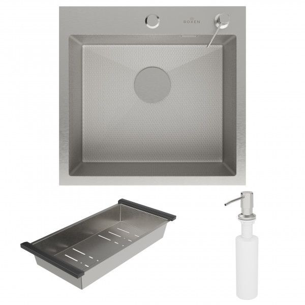 Кухонная мойка Roxen Snake 50 (текстурное покрытие) 50х48 см с коландером и дозатором