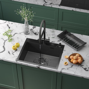 Кухонная мойка Roxen Snake 60 PVD графит (текстурное покрытие) 60х48 см с коландером и дозатором