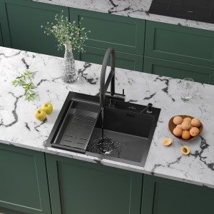 Кухонная мойка Roxen Snake 60 PVD графит (текстурное покрытие) 60х48 см с коландером и дозатором