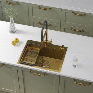 Кухонная мойка Roxen Snake 60 Gold (текстурное покрытие) 60х48 см с коландером и дозатором