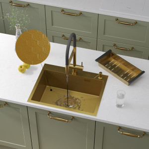 Кухонная мойка Roxen Snake 60 Gold (текстурное покрытие) 60х48 см с коландером и дозатором