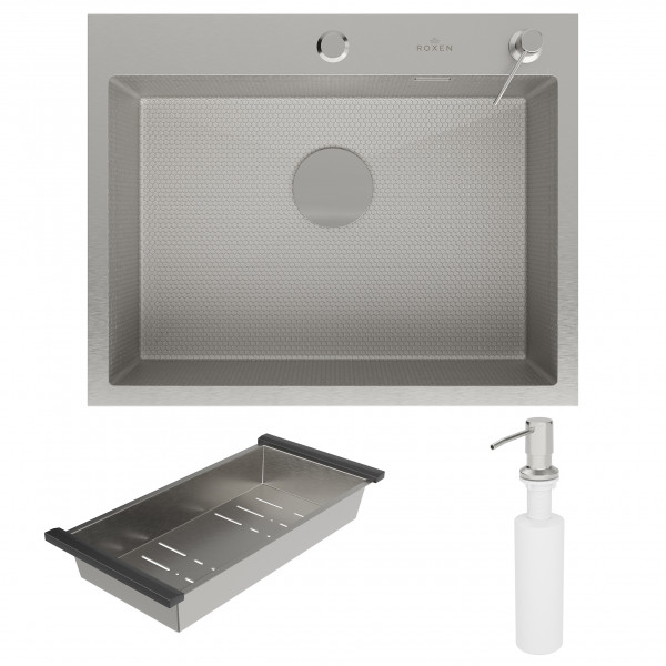 Кухонная мойка Roxen Snake 60 (текстурное покрытие) 60х48 см с коландером и дозатором