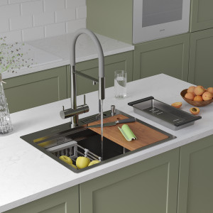 Кухонная мойка Roxen Stage 60 60х48 см с держателем для ножей, двумя коландерами, разделочной доской и дозатором
