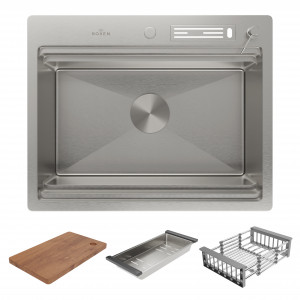 Кухонная мойка Roxen Stage 60 60х48 см с держателем для ножей, двумя коландерами, разделочной доской и дозатором