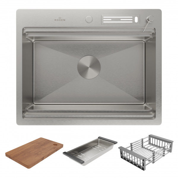 Кухонная мойка Roxen Stage 60 60х48 см с держателем для ножей, двумя коландерами, разделочной доской и дозатором