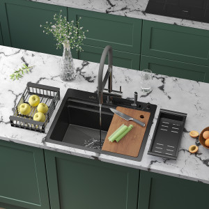 Кухонная мойка Roxen Stage 60-BS графит (текстурное покрытие) 60х48 см с держателем для ножей, двумя коландерами, разделочной доской и дозатором