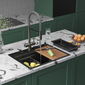 Кухонная мойка Roxen Stage 60-BS графит (текстурное покрытие) 60х48 см с держателем для ножей, двумя коландерами, разделочной доской и дозатором