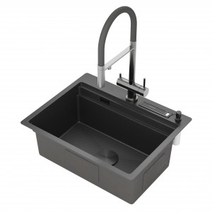 Кухонная мойка Roxen Stage 60-BS графит (текстурное покрытие) 60х48 см с держателем для ножей, двумя коландерами, разделочной доской и дозатором