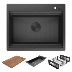 Кухонная мойка Roxen Stage 60-BS графит (текстурное покрытие) 60х48 см с держателем для ножей, двумя коландерами, разделочной доской и дозатором