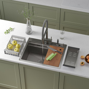 Кухонная мойка Roxen Stage 60-S (текстурное покрытие) 60х48 см с держателем для ножей, двумя коландерами, разделочной доской и дозатором