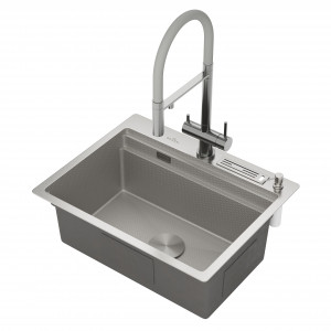 Кухонная мойка Roxen Stage 60-S (текстурное покрытие) 60х48 см с держателем для ножей, двумя коландерами, разделочной доской и дозатором