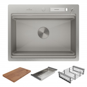 Кухонная мойка Roxen Stage 60-S (текстурное покрытие) 60х48 см с держателем для ножей, двумя коландерами, разделочной доской и дозатором