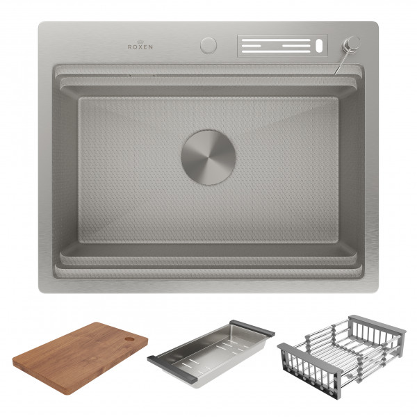 Кухонная мойка Roxen Stage 60-S (текстурное покрытие) 60х48 см с держателем для ножей, двумя коландерами, разделочной доской и дозатором