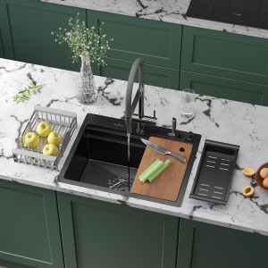 Кухонная мойка Roxen Stage 60 PVD (графит) 60х48 см с держателем для ножей, двумя коландерами, разделочной доской и дозатором