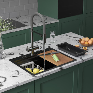 Кухонная мойка Roxen Stage 60 PVD (графит) 60х48 см с держателем для ножей, двумя коландерами, разделочной доской и дозатором