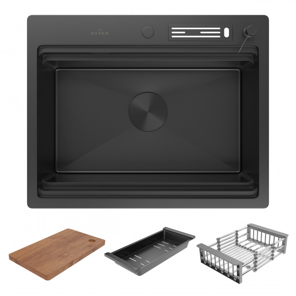 Кухонная мойка Roxen Stage 60 PVD (графит) 60х48 см с держателем для ножей, двумя коландерами, разделочной доской и дозатором