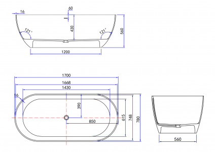 Ванна из искусственного камня Roxen Terra 170х78 Corian Solid Surface + акрил