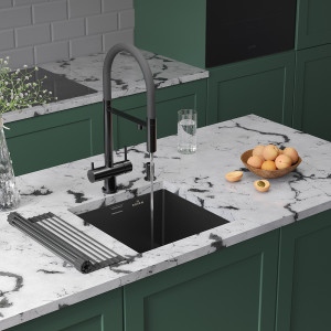 Кухонная мойка Roxen Uno 44 PVD (графит) под столешницу 44x44 см с ролл-матом и дозатором