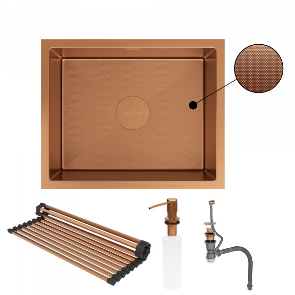 Кухонная мойка Roxen Uno 54х44 зернистая бронза (текстурное покрытие) 560210-54BR-GR с ролл-матом и дозатором