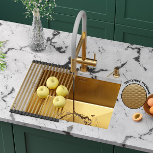 Кухонная мойка Roxen Uno 54х44 зернистое золото (текстурное покрытие) 560210-54G-GR с ролл-матом и дозатором