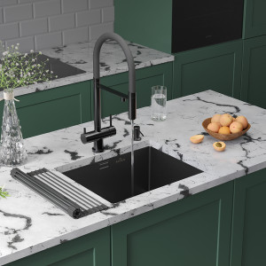 Кухонная мойка Roxen Uno 54 PVD (графит) под столешницу 54x44см с ролл-матом и дозатором