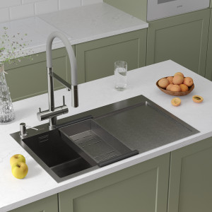 Кухонная мойка Roxen Vespa 78 левосторонняя 78x48 см с коландером и дозатором