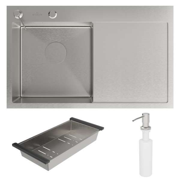 Кухонная мойка Roxen Vespa 78 левосторонняя 78x48 см с коландером и дозатором