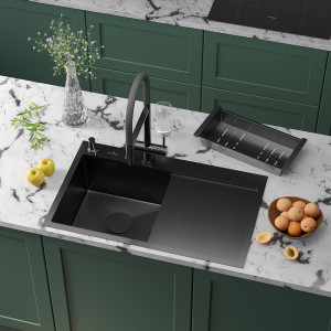Кухонная мойка Roxen Vespa 78 PVD (графит) левая 78x48 см с коландером и дозатором