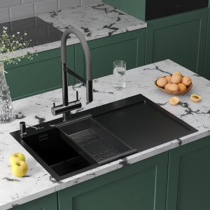 Кухонная мойка Roxen Vespa 78 PVD (графит) левая 78x48 см с коландером и дозатором