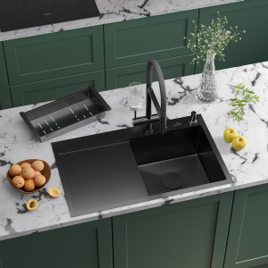 Кухонная мойка Roxen Vespa 78 PVD (графит) правая 78x48 см с коландером и дозатором