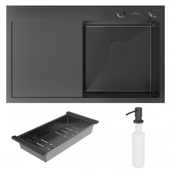 Кухонная мойка Roxen Vespa 78 PVD (графит) правая 78x48 см с коландером и дозатором